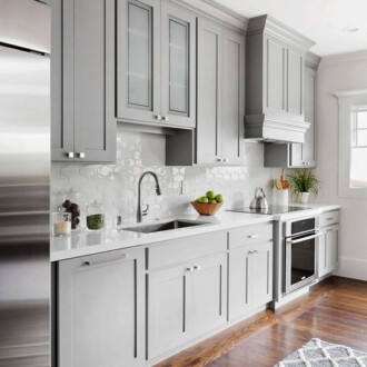 Gray cabinets in a kitchen